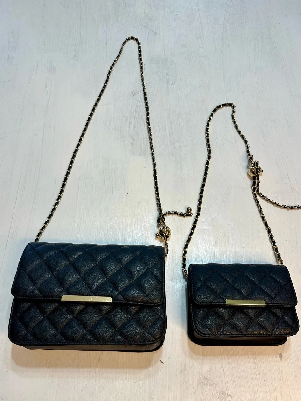 Black Quilted Crossbody Purse Set 2 Bags Gold Chain Faux Leather Matching